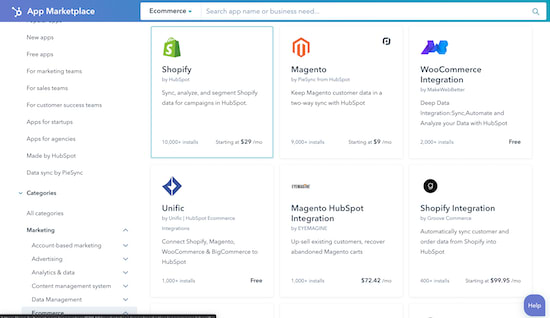 Selecting the Shopify App for HubSpot.